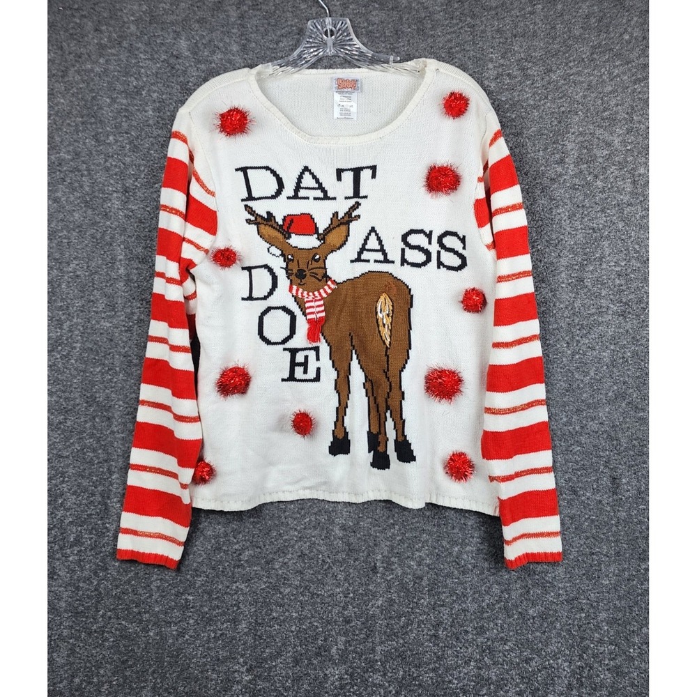 Spencer's Ugly Christmas Sweater Women Large White Dat Ass Doe Reindeer Pom Poms